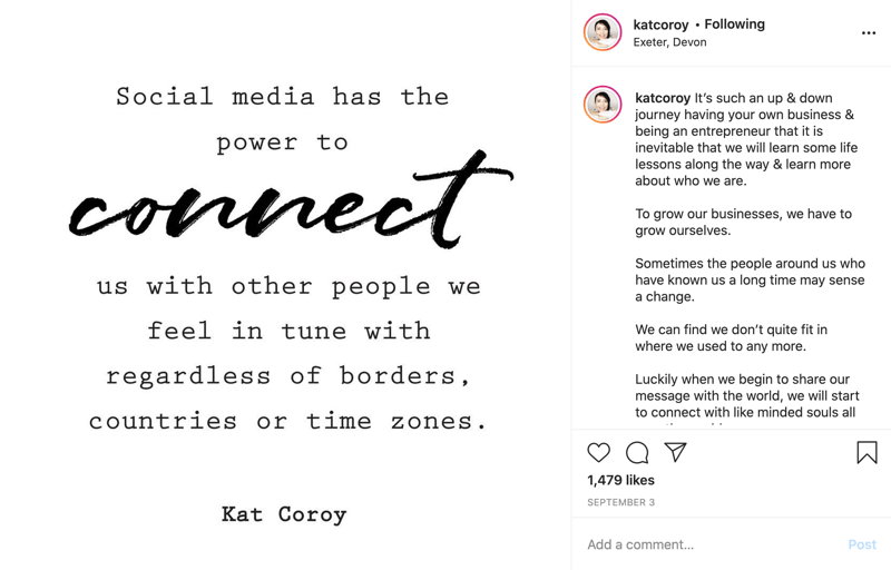 Vurgu için senaryo metninde birkaç kelime bulunan ve öncelikle blok yazı tipinde metin içeren bir instagram alıntı gönderisinin örneği