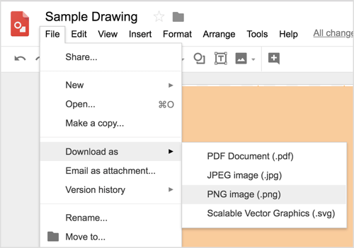 Google Çizimler tasarımınızı indirmek için Dosya> Farklı İndir> PNG Resmi (.png) öğesini seçin.