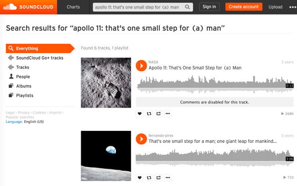 Aydaki ilk yürüyüş gibi ikonik tarihsel anların sesini bulmak ve indirmek için NASA'nın medya dosyalarında SoundCloud'da arama yapın.