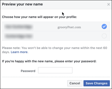 Facebook ad değişikliğini onaylama