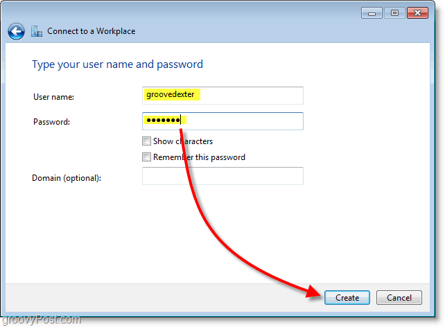 kullanıcı adınızı ve parolanızı yazın ve ardından Windows 7'de bağlantı oluşturun