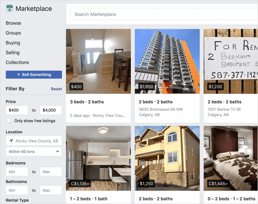 Facebook Marketplace satılık kiralık mülkler sunar.