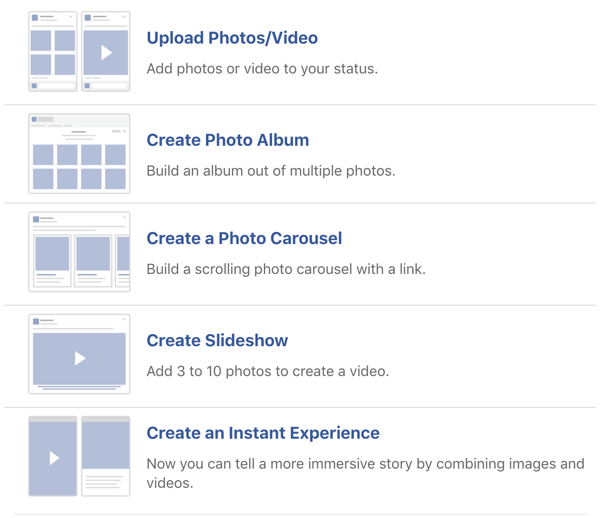 Facebook resmi ve video gönderi seçenekleri örneği.