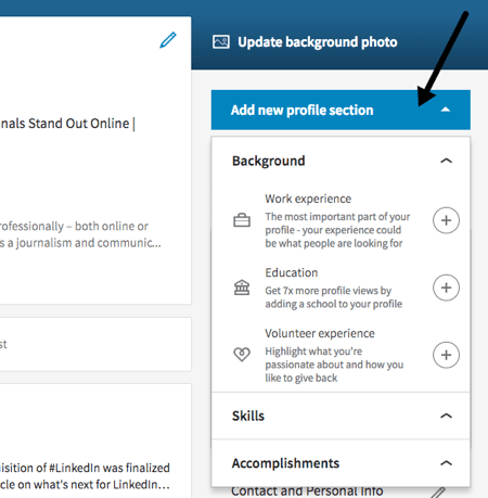 LinkedIn profilinizden veya sağ kenar çubuğundan yeni bir bölüm ekleyin.