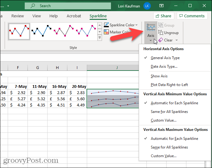 Excel'de Mini Grafik sekmesindeki Eksen düğmesi