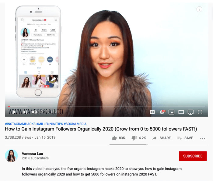 Vanessa Lau Instagram organik korsanları hakkında YouTube videosu