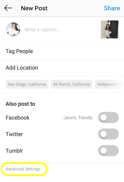 Instagram gönderilerine alt metin nasıl eklenir, adım 1, yeni instagram gönderisi gelişmiş ayar seçeneği