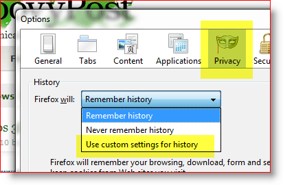 Firefox - geçmiş için özel ayarları kullanma