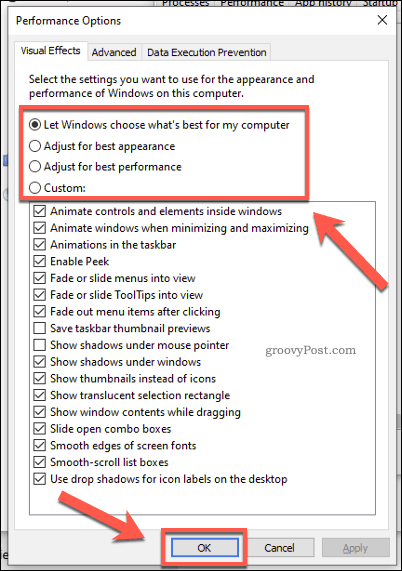Windows Performans Seçenekleri Menüsü