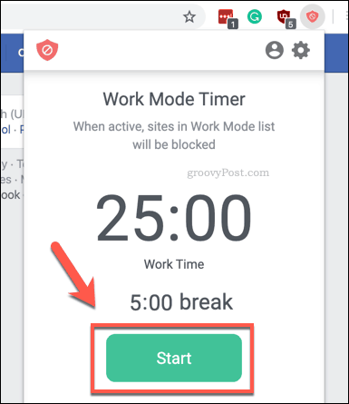 BlockSite Çalışma Modu zamanlayıcısını başlatma