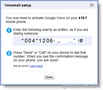 Ekran görüntüsü - & t adresinde Google olmayan numarada Google Voice'u etkinleştirin
