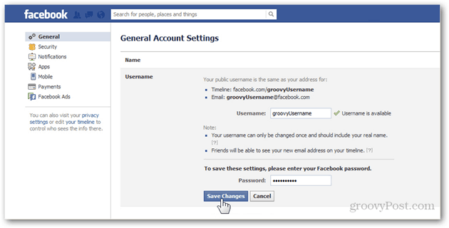 facebook genel hesap ayarları tercihleri ​​genel kullanıcı adı yönetmek kullanıcı adı şifre değişiklikleri kaydetmek onaylamak
