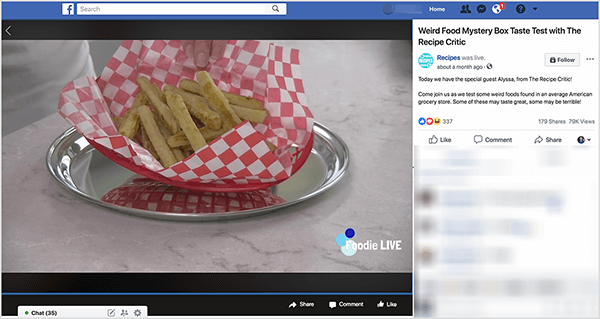 Bu, Recipe Critic ile Weird Food Mystery Box Taste test adlı canlı bir videonun ekran görüntüsüdür. Bu video Facebook Watch show Recipes