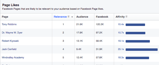 Facebook'un Audience Insights, hedef kitlenizin ilgi alanlarına göre beğenebileceği sayfaların bir listesini sağlar. 