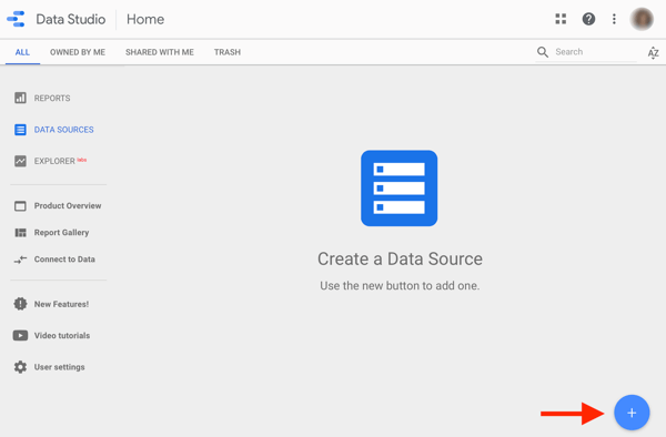 Facebook reklamlarınızı analiz etmek için Google Data Studio'yu kullanın, 1. adım, Google Data Studio'da bir veri kaynağı oluşturma seçeneği