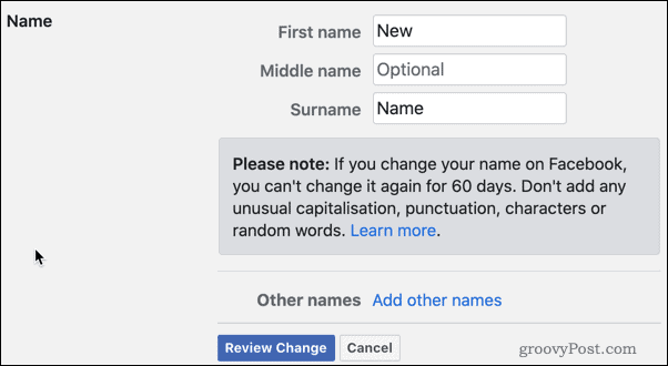 Facebook adı değişikliklerini inceleyin