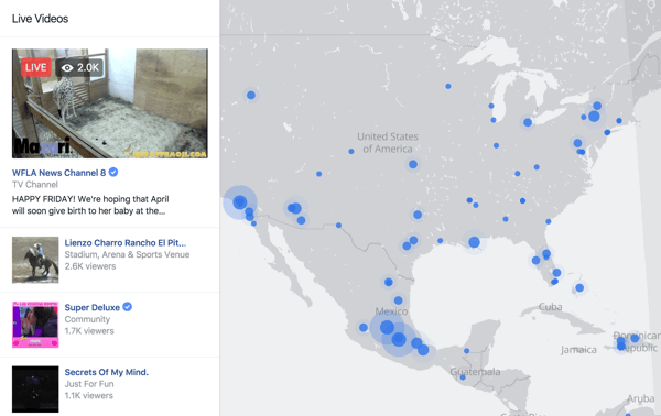 Facebook Canlı Haritası, izleyicilerin dünyanın herhangi bir yerindeki canlı yayınları bulmaları için etkileşimli bir yoldur.