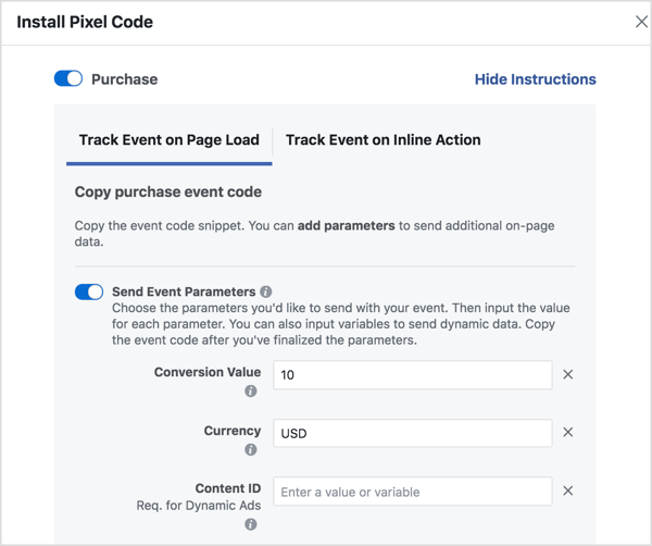 İhtiyacınız olan Facebook etkinlik kodunu oluşturmak için parametreleri ayarlayın.