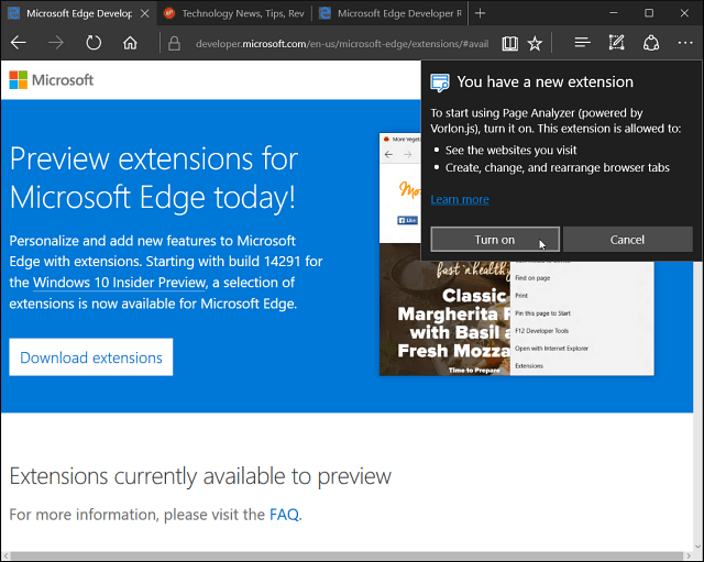 Microsoft Edge Uzantısı Yüklendi