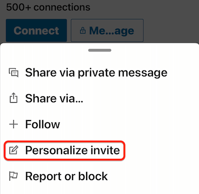 linkedin mobil profil daha fazla... 'daveti kişiselleştir' seçeneğinin vurgulandığı menü