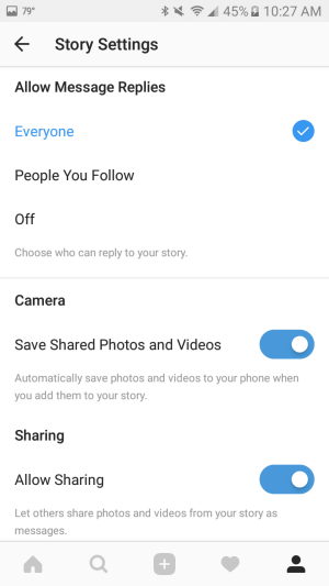 Hikayenize eklediğiniz fotoğrafları ve videoları akıllı telefonunuza otomatik olarak kaydetmek için ayarları kullanın