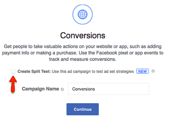 Facebook kampanyanız için bölünmüş bir test oluşturmak için kutuyu işaretleyin.