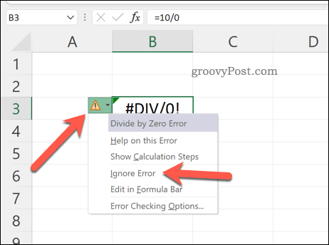 Excel'deki hataları yoksayma