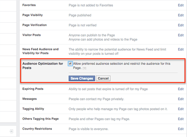 Facebook'ta yayın ayarları için kitle optimizasyonu