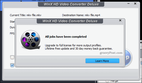 Başarılı bir WinX video dönüştürme onayı