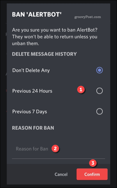Discord'da bir kullanıcıyı yasaklamak için seçenekler