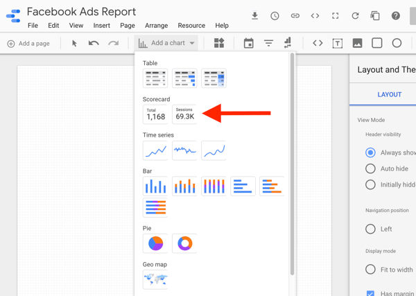Facebook reklamlarınızı analiz etmek için Google Data Studio'yu kullanın, 8. adım, Google Data Studio'da puan kartı grafiğini seçme seçeneği
