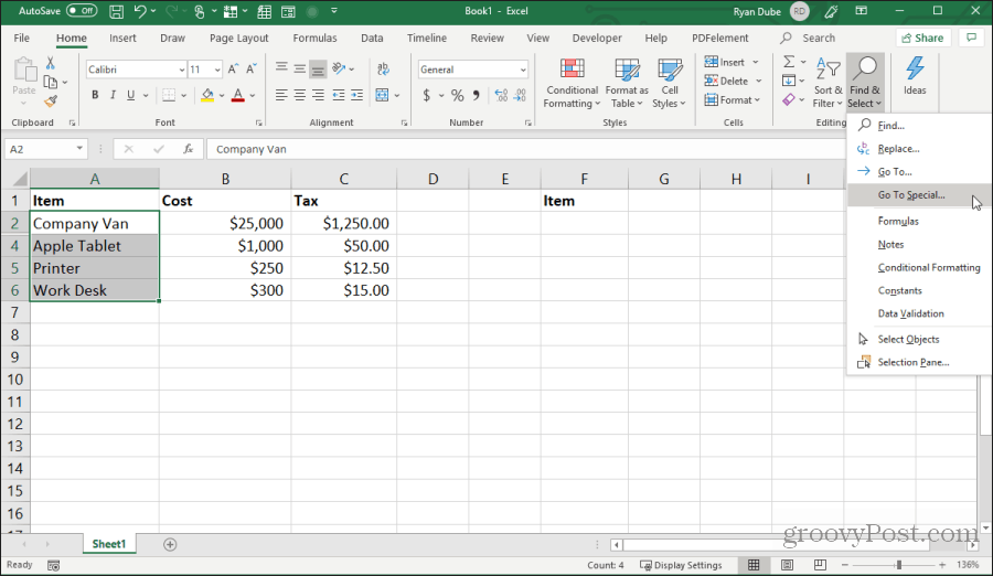 excel özel gitmek seçilmesi