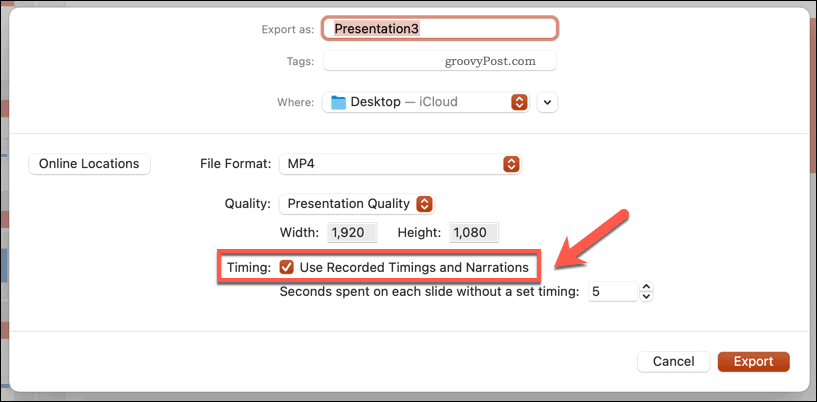 Mac'teki PowerPoint'te dışa aktarılan bir video için kaydedilen zamanlamaları kullanma