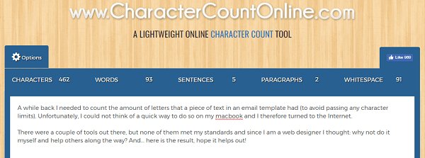 Karakterleri, kelimeleri, paragrafları ve daha fazlasını saymak için CharacterCountOnline.com'u kullanın.