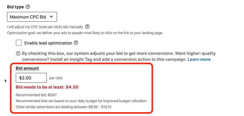 Kırmızı renkli 'LinkedIn teklifinin en az 4,50 ABD doları olması gerekiyor' mesajının ekran görüntüsü