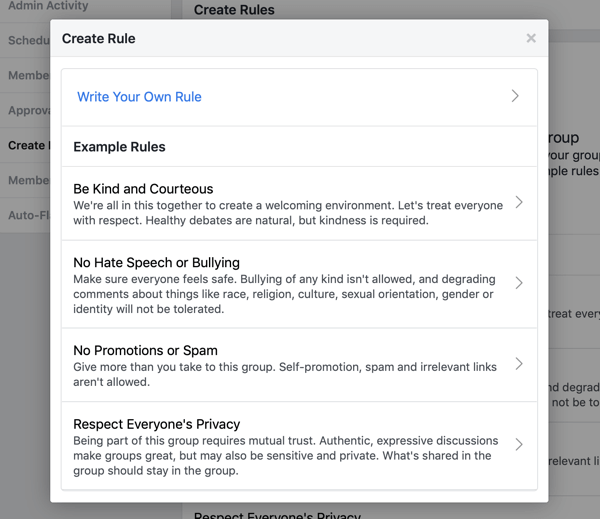 Facebook grup topluluğunuzu nasıl geliştirebilirsiniz, Facebook grubu önceden yazılmış kurallar örneği