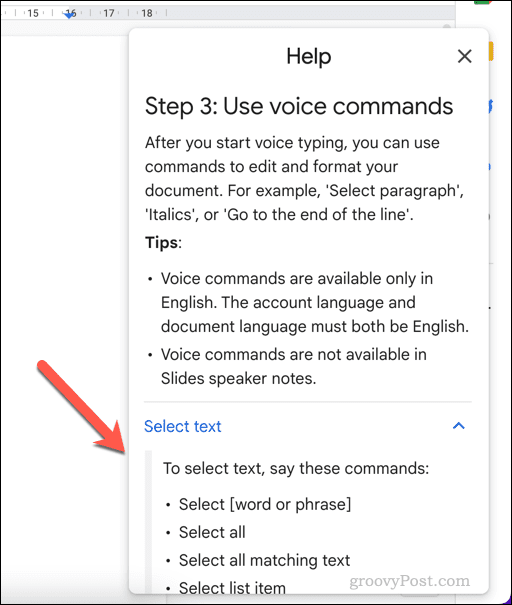 Google Dokümanlar'da sesle yazmaya yönelik yardım menüsü