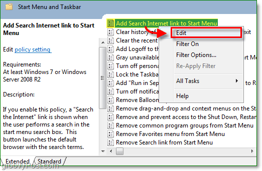menua'yı başlatmak için arama internet ekle bağlantısını tıklayın ve ardından Windows 7 sağ tıklama içerik menüsünden düzenle seçeneğini tıklayın