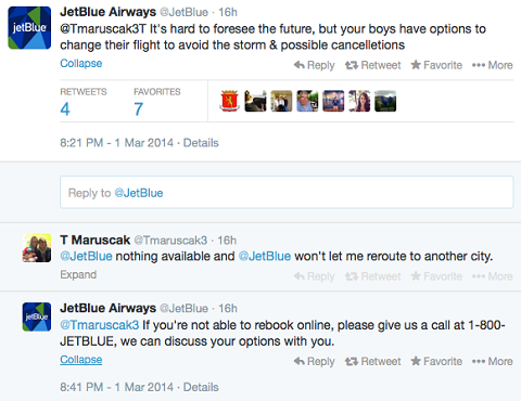 jetblue müşteri hizmetleri tweet