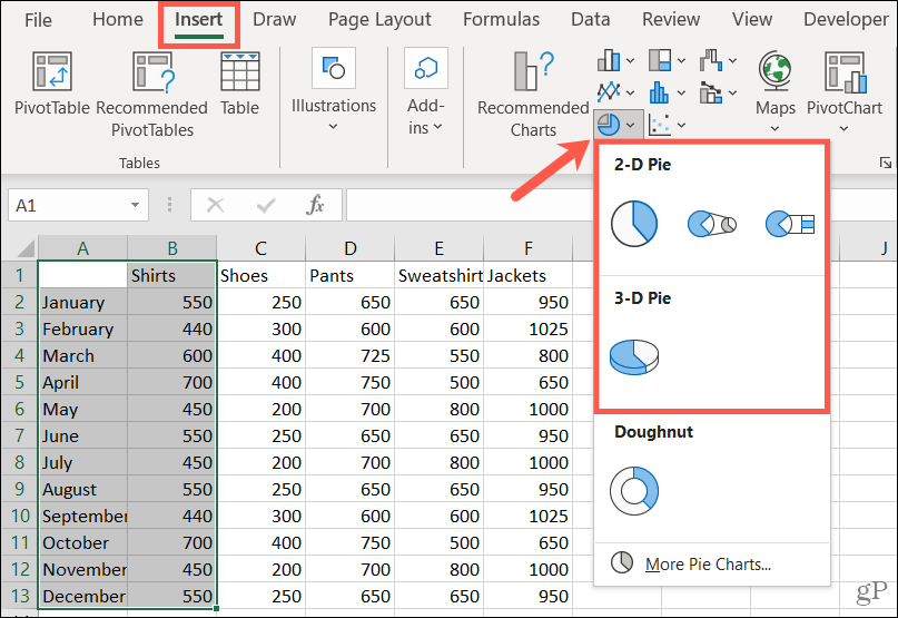 Excel'de pasta grafiği oluşturmak için bir stil seçin