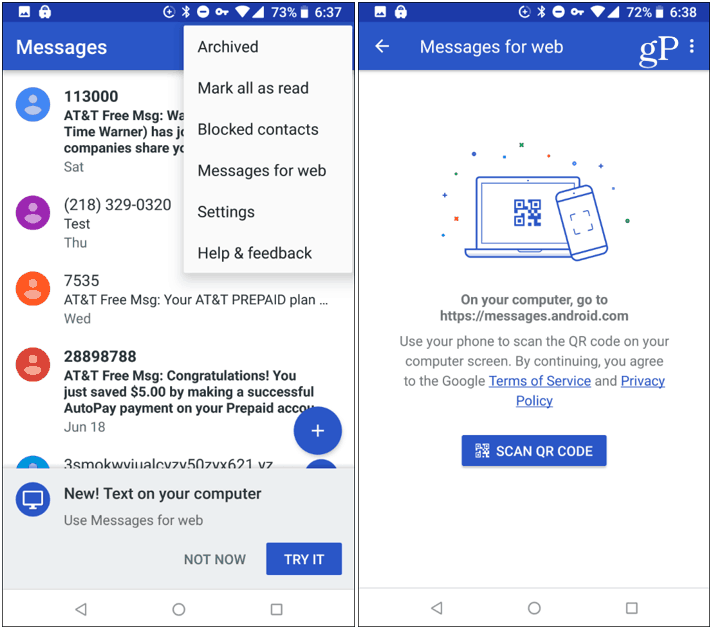 Android Mesajları Uygulama Tarama QR Kodu