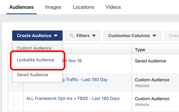 Facebook Reklam Yöneticisi'nde Kitle Oluştur altında bir Facebook Benzeri Kitle oluşturma seçeneği.