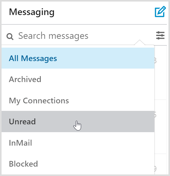 LinkedIn mesajlaşma gelen kutusu filtreleri, okunmamış mesajlar filtresi içerir.