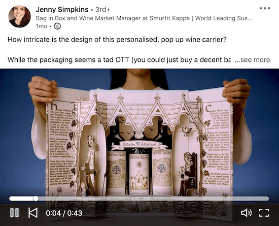 jenny simpkins'in etkilemek için bir şarap paketinin yerleşik ayrıntılı ambalajının nasıl kullanılacağını gösteren bir linkedin videosu örneği