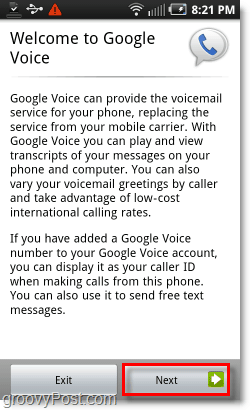 Android Mobil'de Google Voice Hoş Geldiniz Ekranı