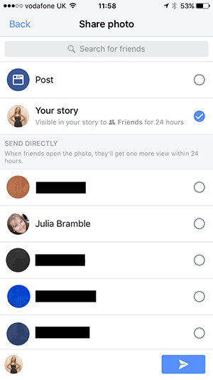 Facebook Hikayesi içeriğinizi nereye göndereceğinizi seçme.