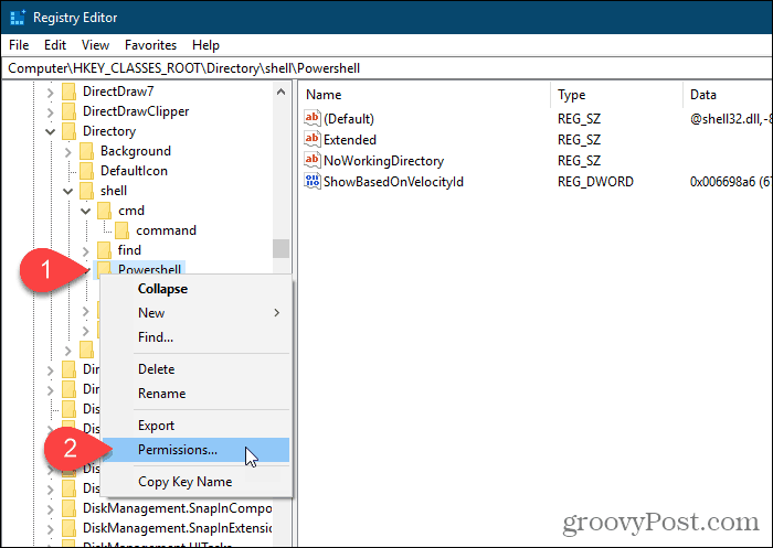 Windows Kayıt Defteri Düzenleyicisi'nde Powershell anahtarı için İzinler'i seçin