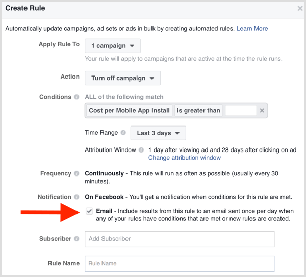 Facebook Ads Manager otomatik kural e-posta bildirimi