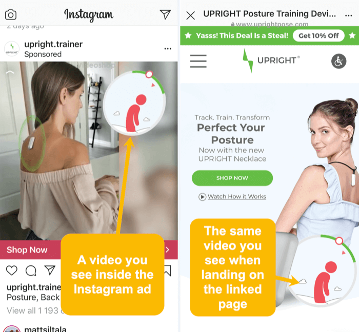 Instagram reklamında ve bağlantılı açılış sayfasında aynı video ve görsel öğeler