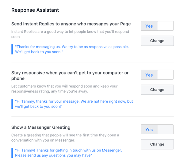 Facebook işletme sayfanız için kullanmak istediğiniz tüm hızlı yanıtları yapılandırın.